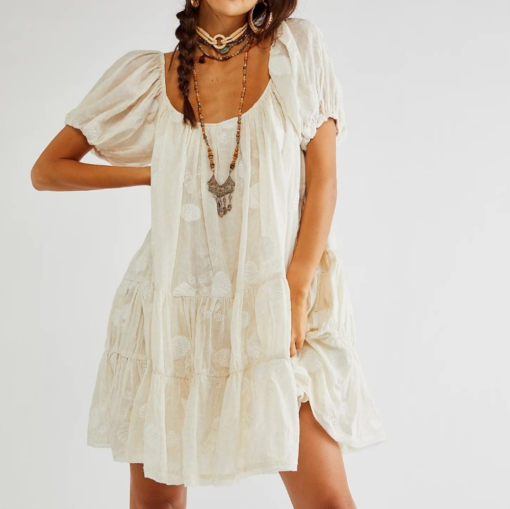 Free People x Zandra Rhodes Cream Shell Embroidered Babydoll Dress
